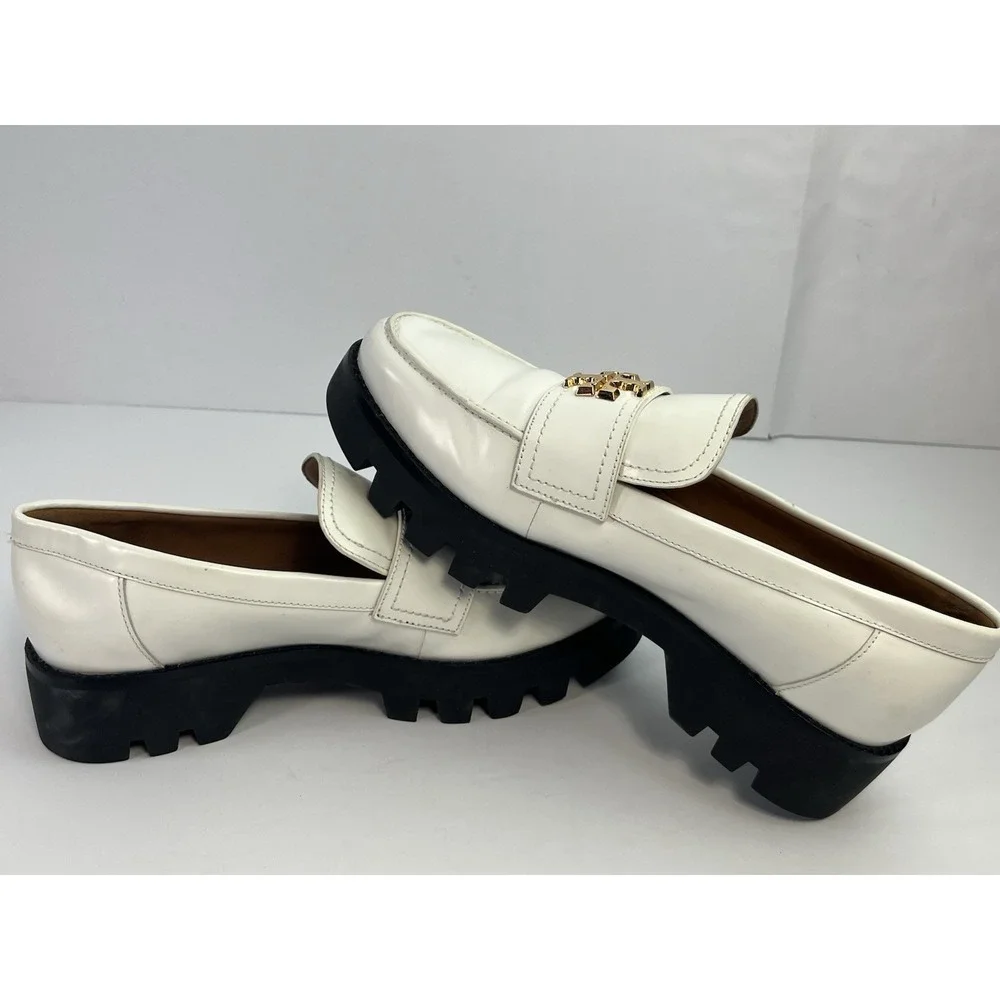 Tory Burch Women's Everly Leather Mini Chunky White & Black Loafers Size 9M